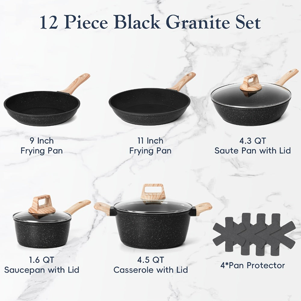 Pots and Pans Set 12-Piece Non-Stick Kitchen Cookware – Complete Cooking Set with Frying Pan | Durable Even-Heating Non-Stick Coating | Available in Black & White | Home Kitchen Essentials