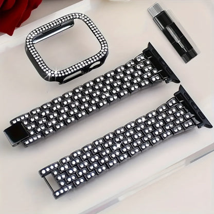 Rhinestone Diamond Bling Apple Watch Band for Women Girls – Five-Point Diamond Double-Row Crystal Strap Compatible with Apple Watch Ultra 2 Series 10 9 8 7 6 5 4 3 2 1 SE 38 40 41 42 44 45 49mm Gift