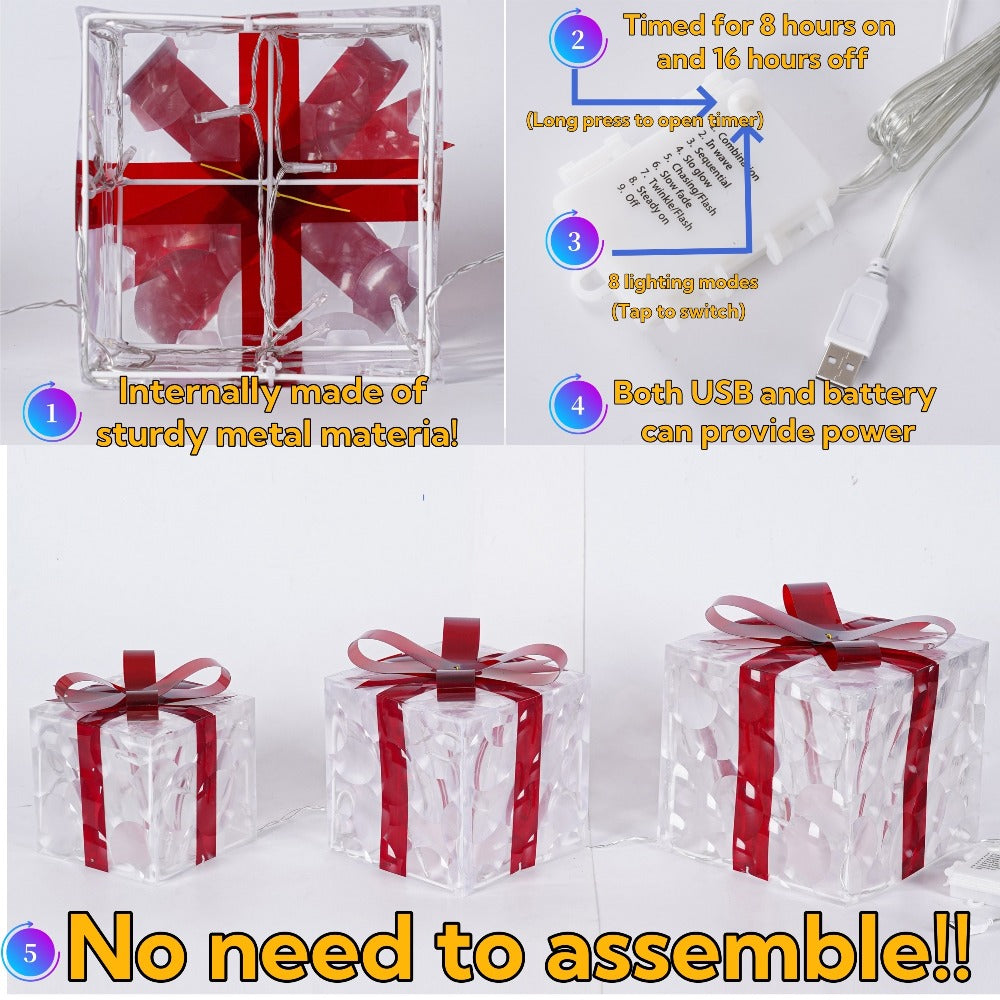 Three Warm-White Light-Up Christmas Gift Boxes with Red Bows, USB Lead and Battery Case Pictured