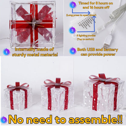 Three Warm-White Light-Up Christmas Gift Boxes with Red Bows, USB Lead and Battery Case Pictured