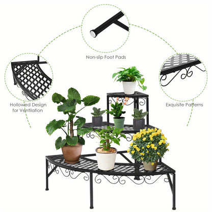 Plant Stand 3 Tier Metal Corner Ladder Shelf – Fan-Shaped Flower Rack with Non-Slip Feet for Indoor & Outdoor Patio, Balcony, Living Room Garden Display
