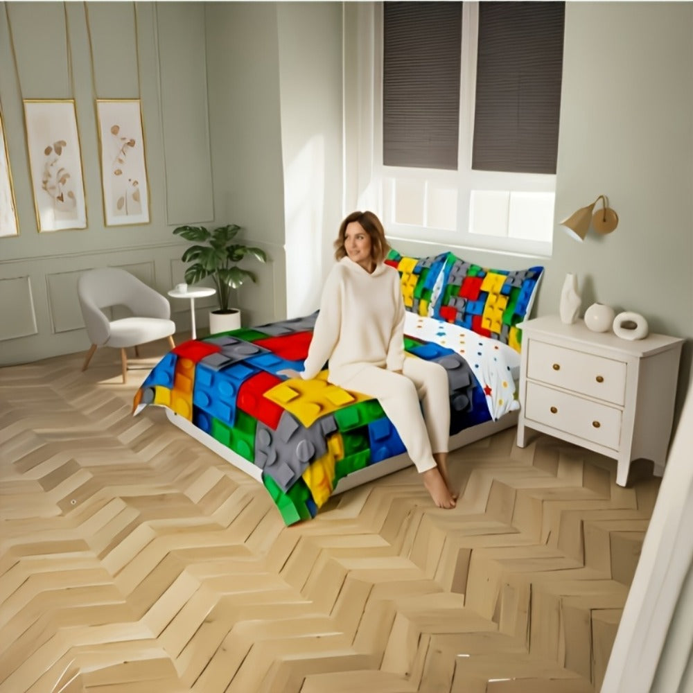 Building Block Duvet Cover Set with Multicolor Brick Print, Zipper Closure and Twin to King Sizes