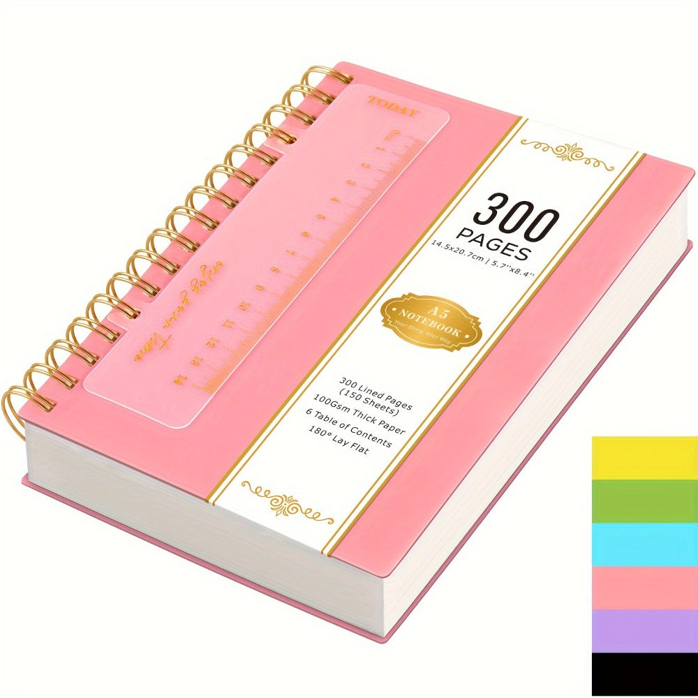 A5 Hardcover Spiral Notebook with 300 Lined Pages, 100 GSM Paper and Six Color Cover Options