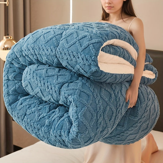 Winter Comforter Thick Warm Milk Velvet Duvet – Geometric Quilted Heavyweight Blanket for All Seasons, Twin Full Queen King – Silvery Grey & Blue
