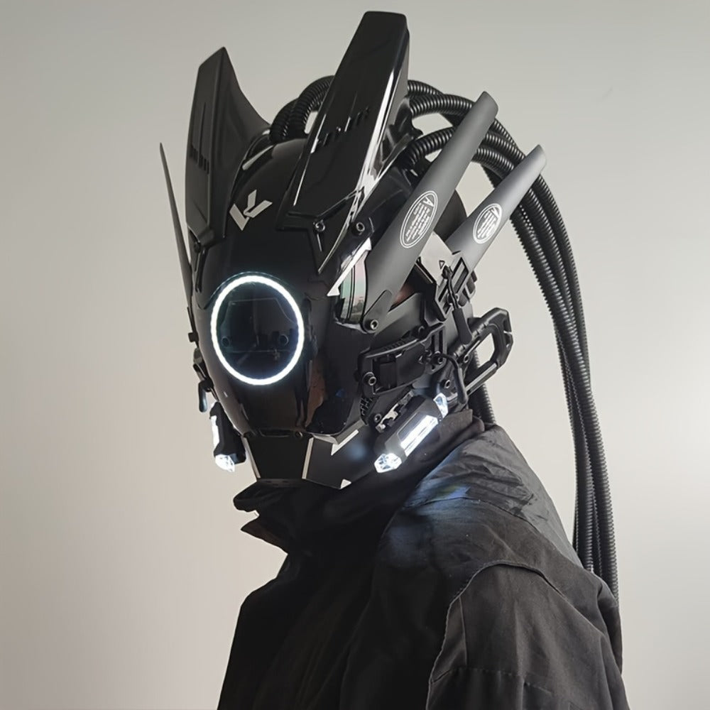 LED Braided Cyberpunk Costume Helmet with Circular Face Light and Blue, Green or Pink Accent Styles