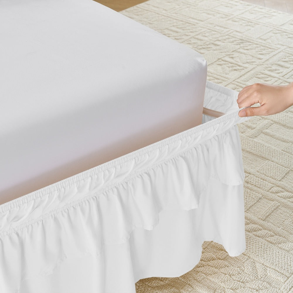 Double Ruffle Bed Skirt 16" Drop | Elastic Wrap Around Dust Ruffle for Twin Full Queen King Bed | Easy Install Machine Washable Soft Linen Poly Blend Bedskirt