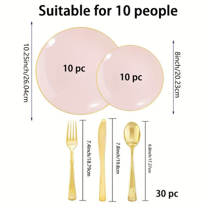 Disposable Plastic Plates Set 50 Piece - Pink Gold Rim Party Tableware with Dinner Plates, Dessert Plates & Utensils for Birthday Wedding Holiday