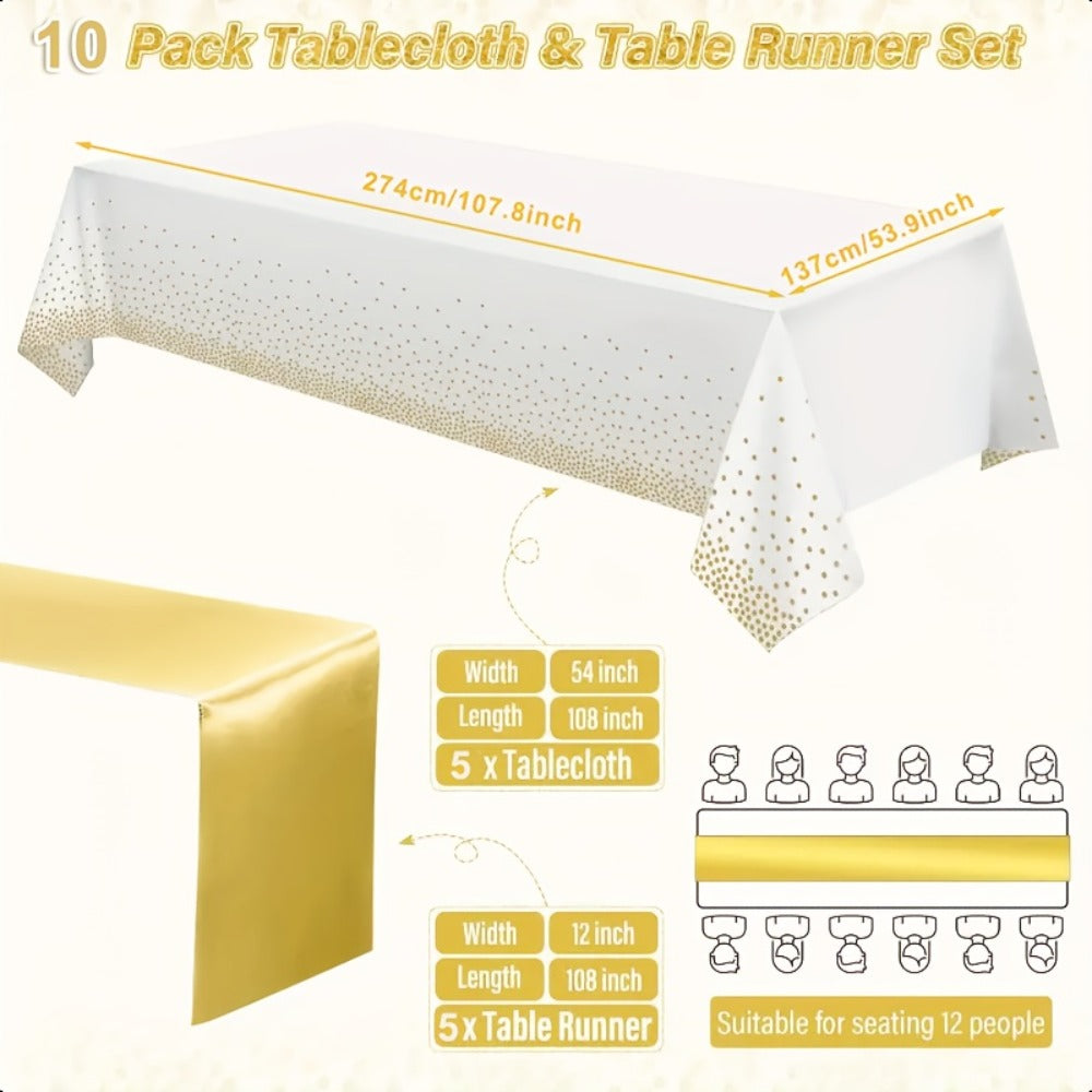 White and Gold Party Tablecloth and Runner Set, 10 Pieces with Five Covers and Five 12 x 108 Inch Runners
