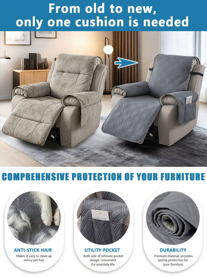 Chair Cover Quilted Recliner Throw with Side Pocket, Elastic Straps and Buckle in Ten Colors