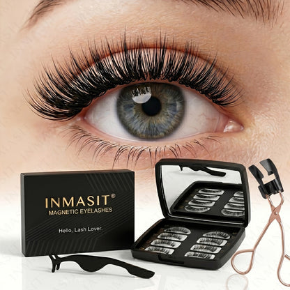 Eight-Piece Black Magnetic False Eyelash Kit with Rectangular Case, Applicator, Tweezers and Brush