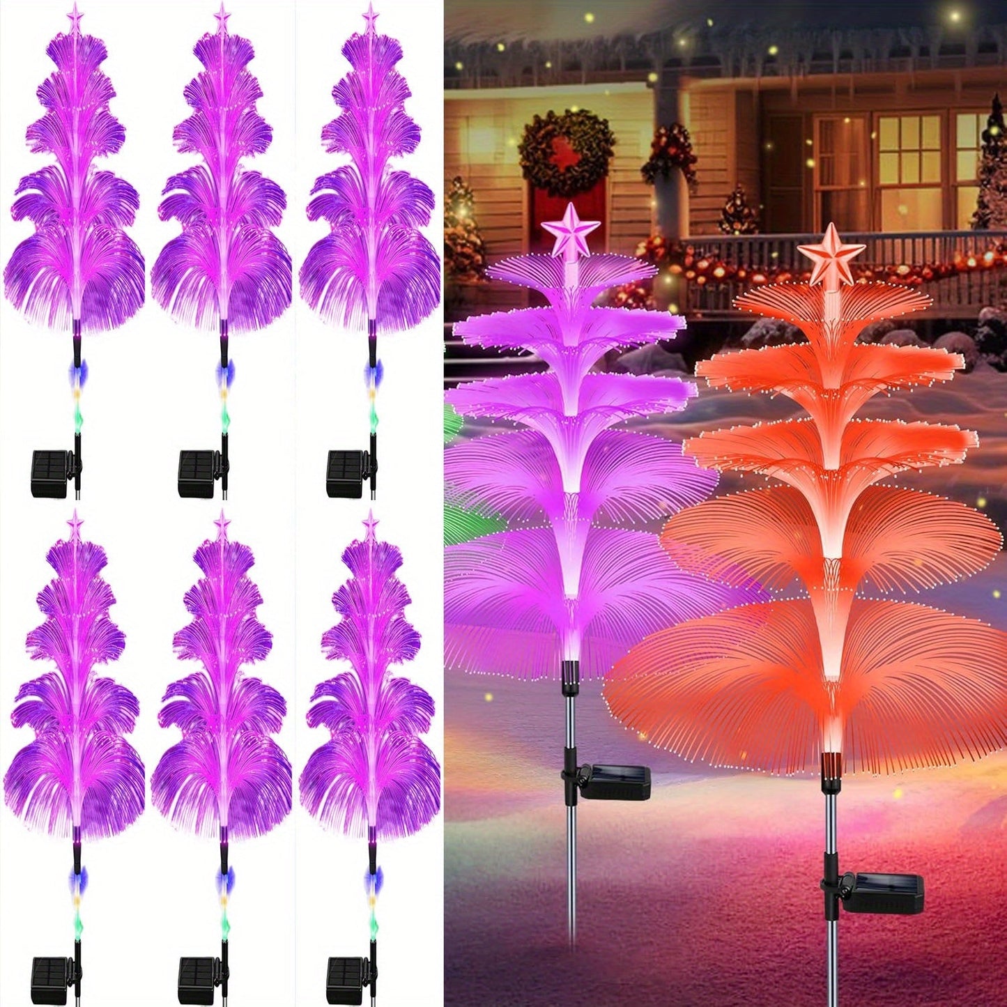 Solar Garden Light Fiber Optic Christmas Tree Stakes with 7-Color LEDs and 2 or 5-Layer Star Options