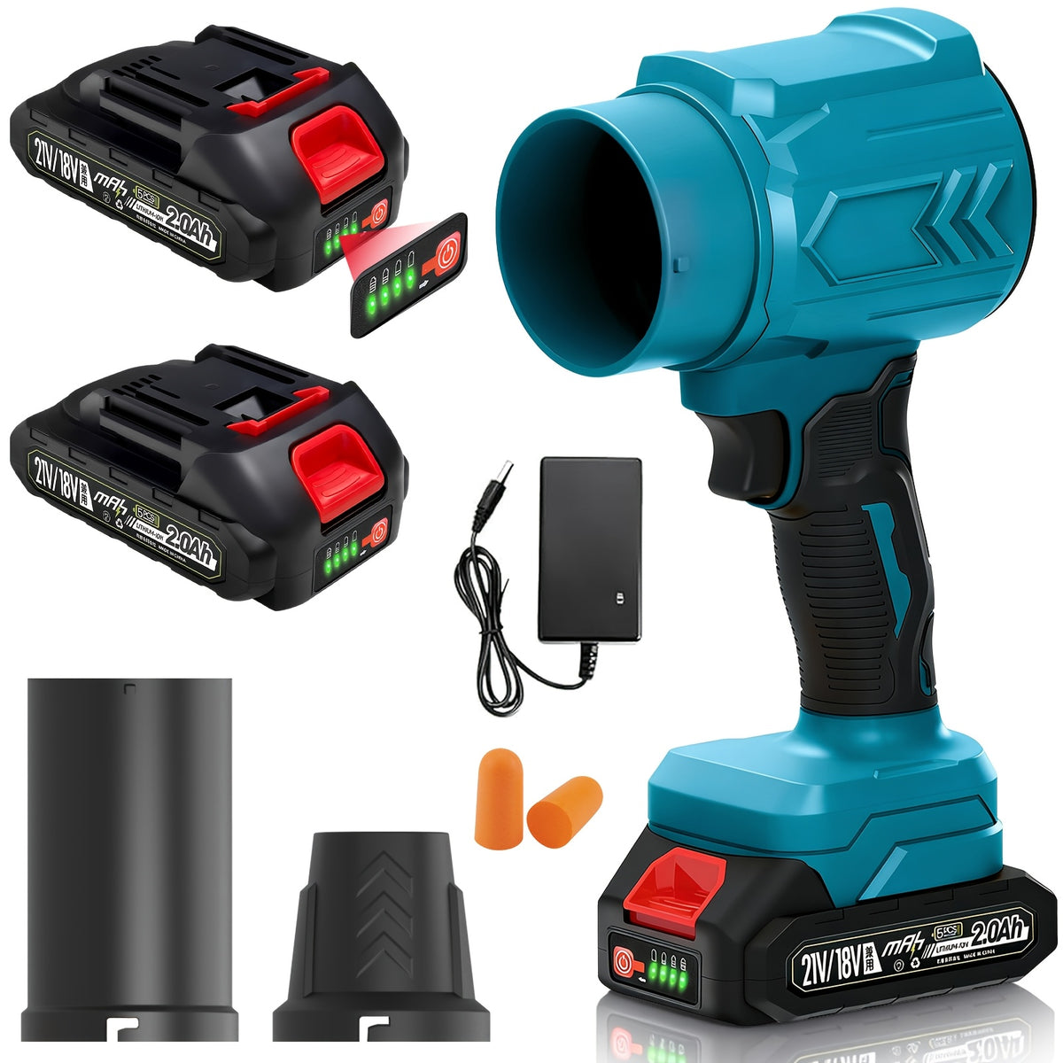 Cordless Handheld Leaf Blower and Air Duster Kit in Yellow or Blue with Two Batteries, Charger and Two Nozzles