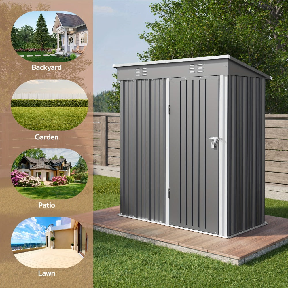 Grey 5 x 3 Ft Metal Outdoor Storage Shed with Single Door, Vent Panels and Sloped Roof Design