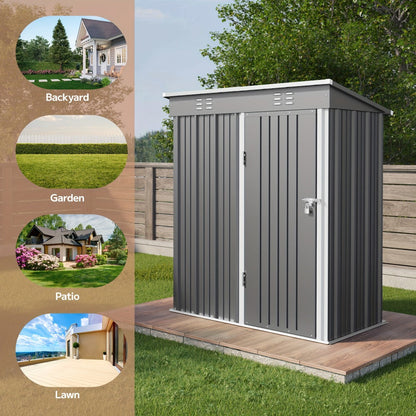 Grey 5 x 3 Ft Metal Outdoor Storage Shed with Single Door, Vent Panels and Sloped Roof Design