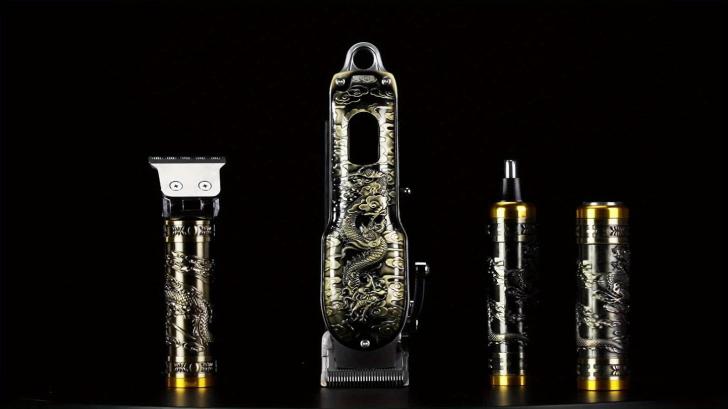 Dragon-Engraved Four-Tool Grooming Kit with Hair Clipper, Detail Trimmer, Nose Trimmer and Rotary Shaver