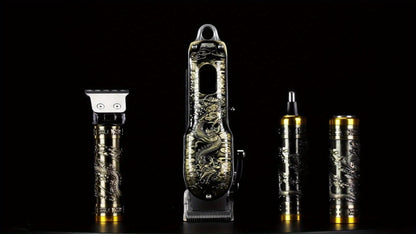 Dragon-Engraved Four-Tool Grooming Kit with Hair Clipper, Detail Trimmer, Nose Trimmer and Rotary Shaver