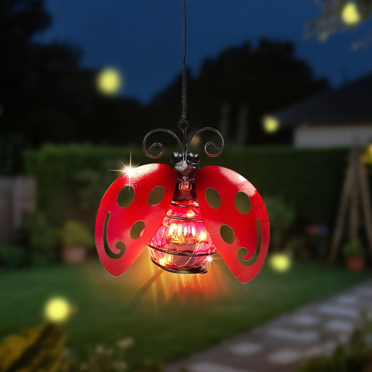 Solar Hanging Ornament Lights Ladybug & Butterfly – Waterproof Indoor Outdoor Decorative Garden Light with Spring Clips for Patio, Balcony, Porch & Trail, 5.5x2.5in