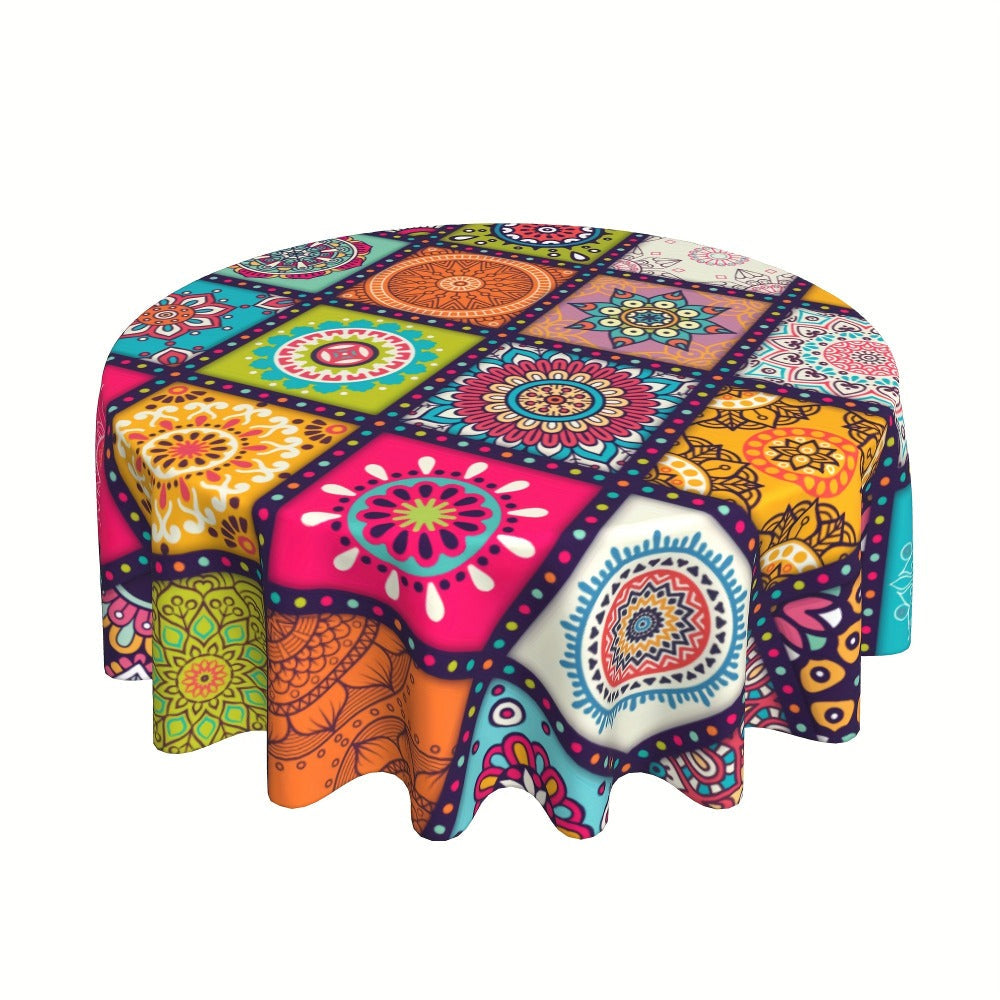 Tablecloth with Colorful Patchwork Mandala Print in Round, Square and Rectangle Size Options