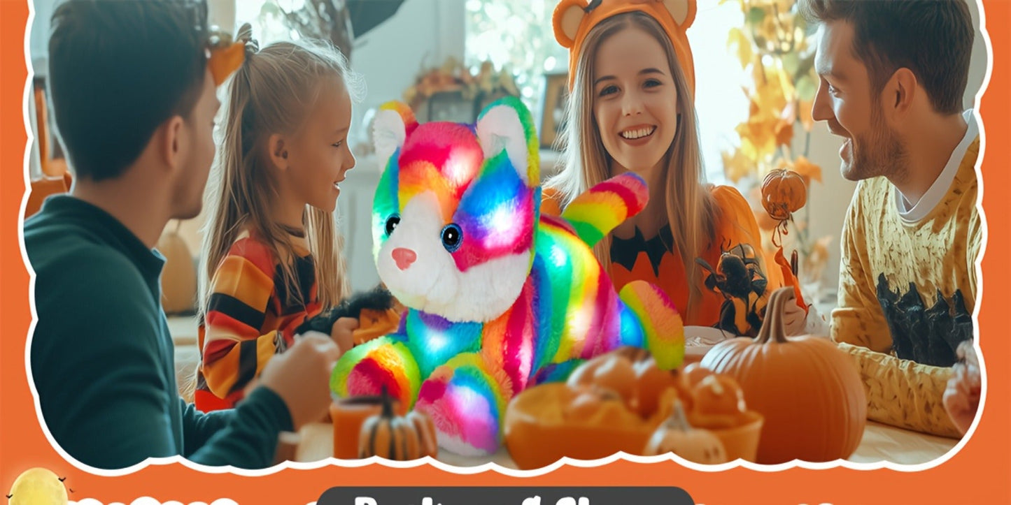 Glowing Rainbow Cat Stuffed Animal Plush Toy — Colorful LED Light Up Musical Soft Plush Kitten Doll for Kids Girls Boys | Birthday Christmas New Year Party Gift | Room & Party Decor