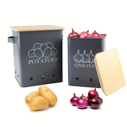 Kitchen Storage Canister Potato Onion Storage Bin Aerating Ventilation Holes Wooden Lid for Home Cooking, Dining and Outdoor Meals