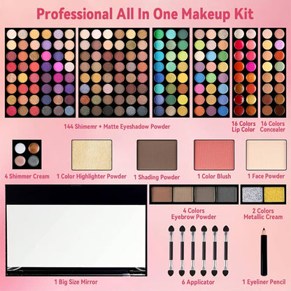 Makeup Kit 190-Color Fold-Out Face and Eye Palette with Center Mirror, 144 Eyeshadow Shades and Eight Brushes