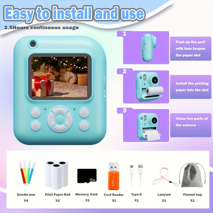 Instant Print Camera for Kids 48MP with Print Paper 32G TF Card 1080P FHD Video Flash MP4 Puzzle Game Cartoon Mini Digital Camera Printer Ages 6+ Birthday Christmas Gift