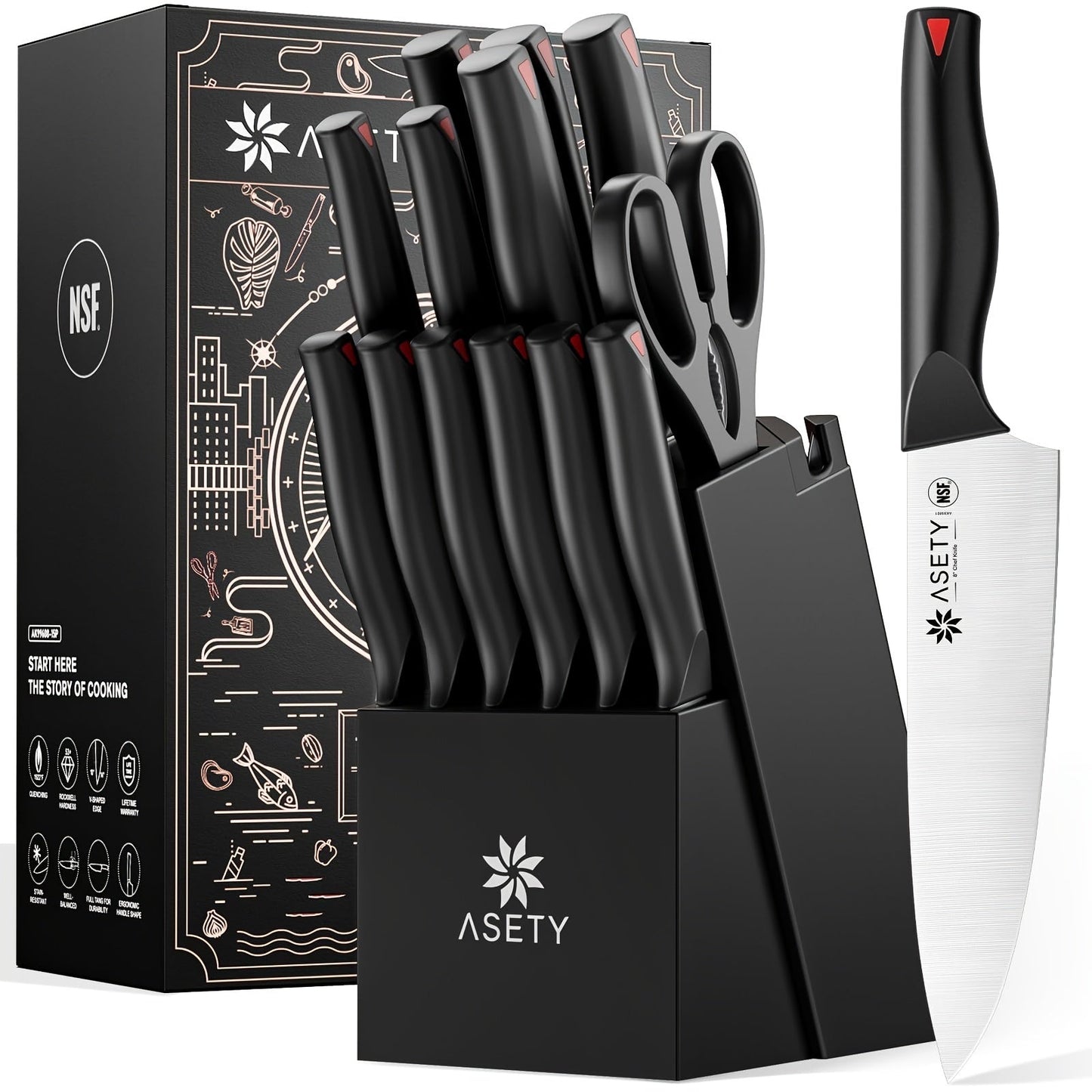 15-Piece Kitchen Knife Set with PP Handle, Professional Chef Knife Set with Block, Stainless Steel Sharp Blade, Ergonomic Non-Slip Handle, Home Cooking & Restaurant Knife Set