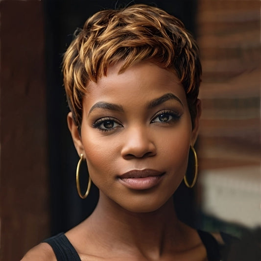 Synthetic Wig 4-Inch Glueless Pixie Cut in Two Mixed Brown-Blonde Color-Code Options for Daily Wear