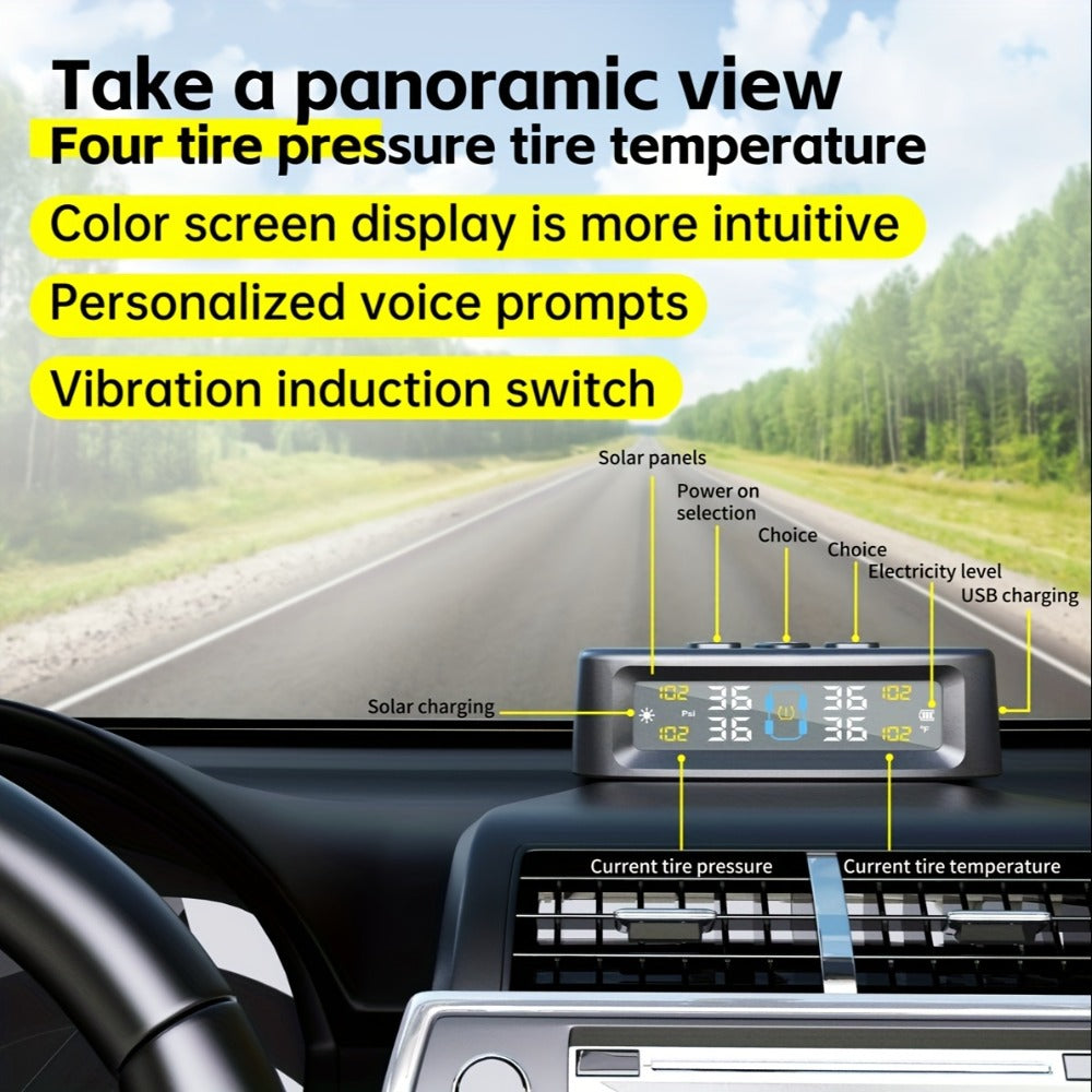 TPMS Tire Pressure Monitoring System – Wireless Solar & USB Powered, External Sensors, Universal Fit for 36V & Below Vehicles, Model T12