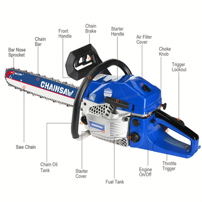 62CC 20-Inch Gas Chainsaw Kit in Five Colors with Bar Cover, Tool Pouch and Fuel Container
