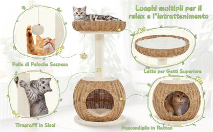 Cat Tree 29.5 Inch Rattan Cat House with Natural Sisal Scratching Post – Woven Cat Condo, Soft Cushion Perch, Hanging Bell Toy, Luxury Cat Furniture for Small to Medium Cats, Beige