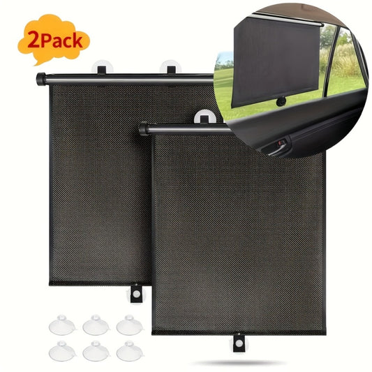 Car Window Curtains 2pcs Retractable PVC Side Window Shades One-Click Storage UV Block Anti-Glare Heat Shield Easy Install Suction Cup Hook Black Car Interior Accessory