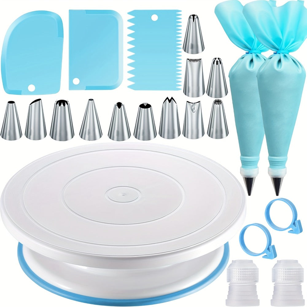 Cake Decorating Set 22-Piece with Rotating Turntable Stand, Stainless Steel Piping Tips, Pastry Bags, Icing Spatula & Scrapers, Complete Cake Decoration Kit for Beginners and Home Bakers, Pink