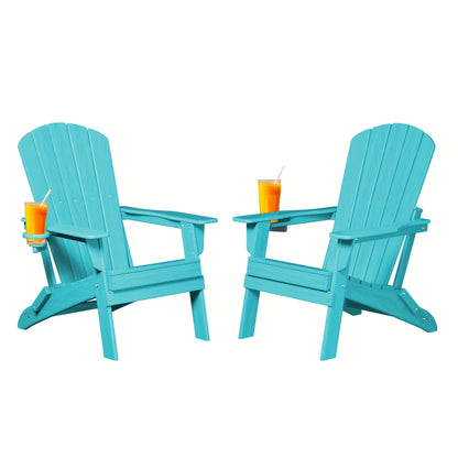 Folding HDPE Adirondack Outdoor Chair with Cup Holder in Four Colors and One-, Two- or Four-Piece Sets