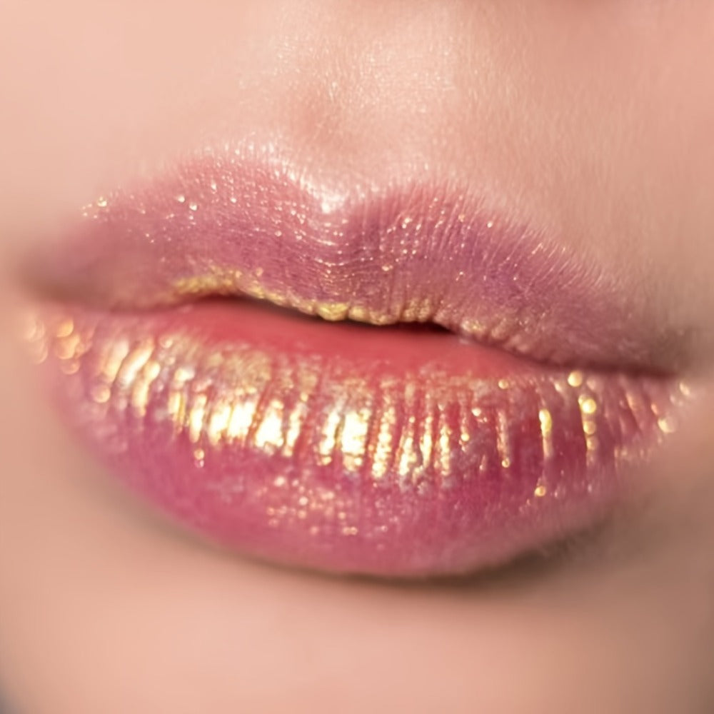 Three-Piece Glitter Shimmer Lipstick Set with Pearlescent Pink-Gold Finish for Party and Stage Makeup