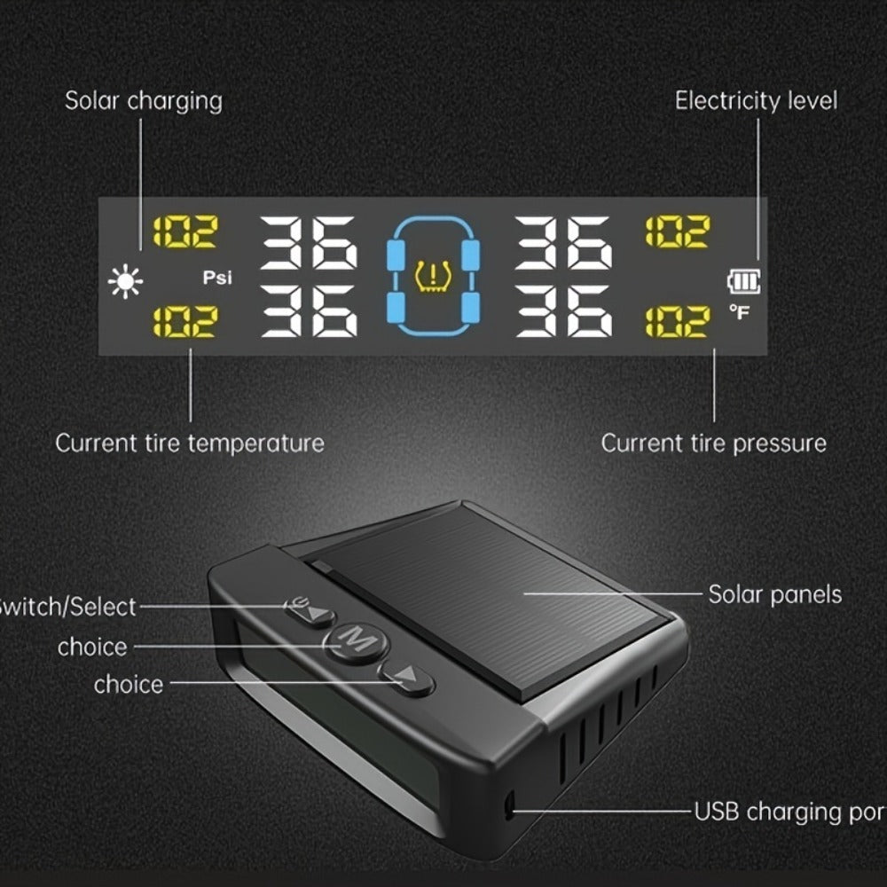 TPMS Tire Pressure Monitoring System – Wireless Solar & USB Powered, External Sensors, Universal Fit for 36V & Below Vehicles, Model T12