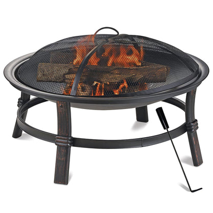 29.3-Inch Round Fire Pit Bowl with Domed Mesh Cover, Four-Leg Stand and Long Poker in Black