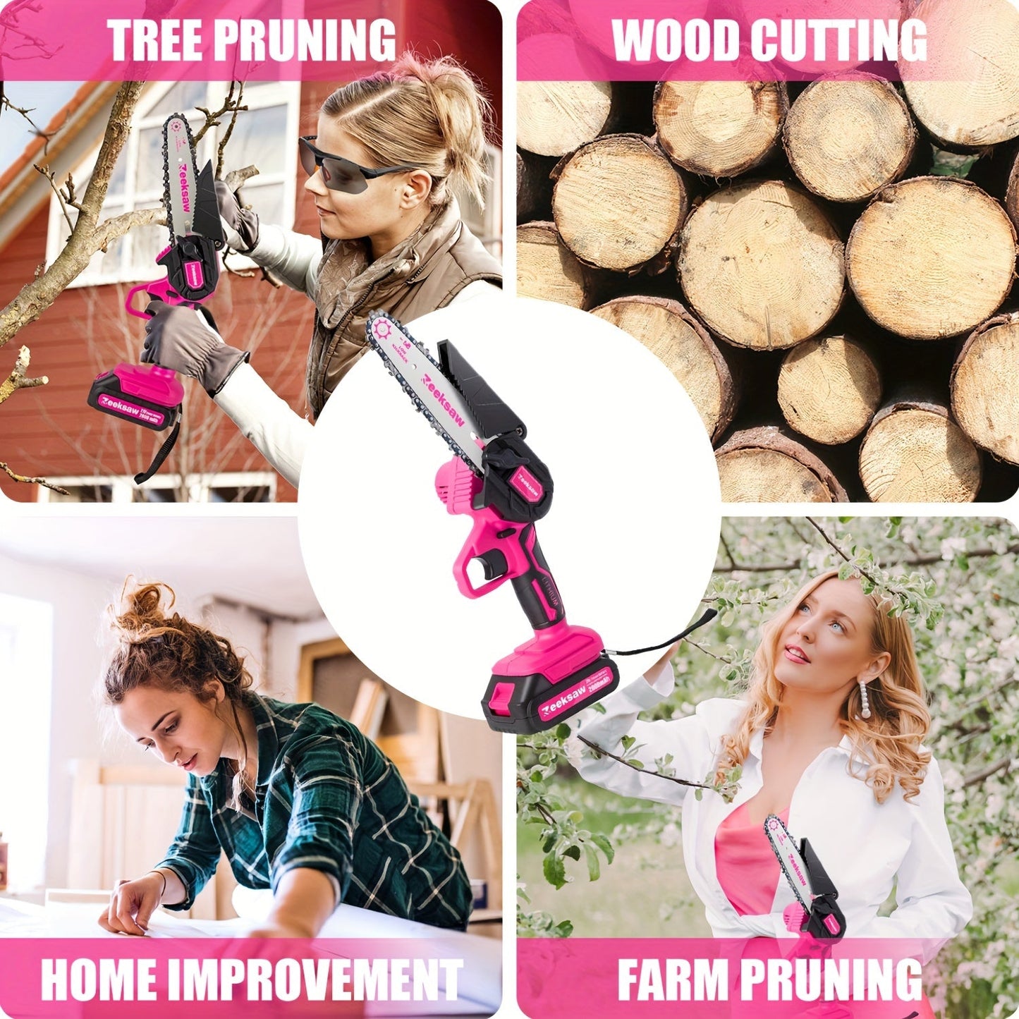 Pink 6-Inch Mini Cordless Chainsaw Kit with Two Batteries, Charger, Carry Case, Spare Chains and Clear Eyewear