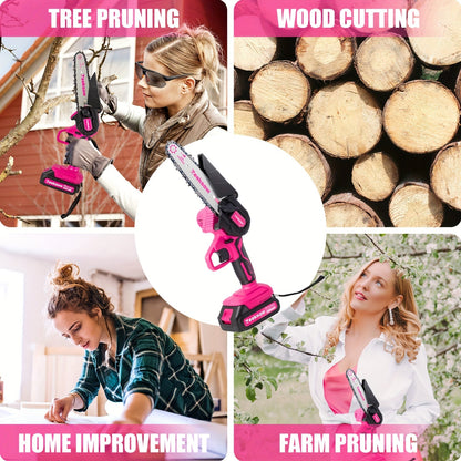 Pink 6-Inch Mini Cordless Chainsaw Kit with Two Batteries, Charger, Carry Case, Spare Chains and Clear Eyewear