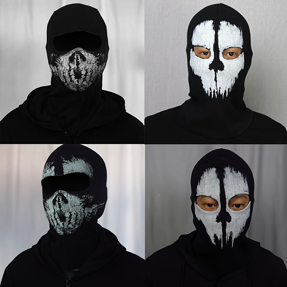 Printed Skull Balaclava Mask in Two Black Designs, Full-Face Stretch Fabric for Adult Costume Wear