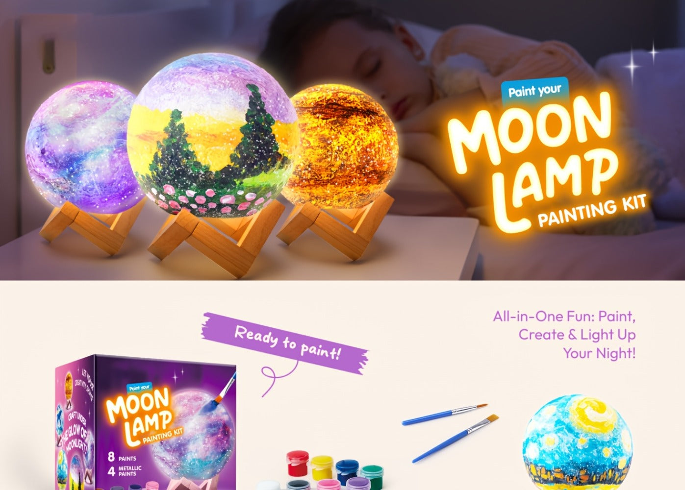 Paint-Your-Own Moon Lamp Craft Kit with 12 Colors, Four Metallic Paints, Two Brushes and Wooden Stand