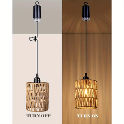 Two-Piece Battery Pendant Light Set with Woven Shades, Remote Controls and Adjustable Hanging Cords
