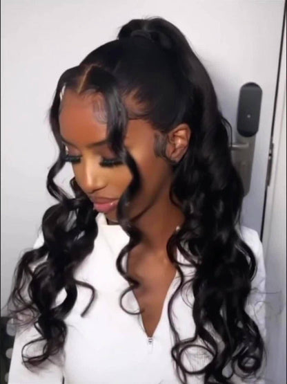 Synthetic Wig 13x4 Lace Front Loose Wave, 26-Inch Black Glueless Free-Part Style for Daily Glam