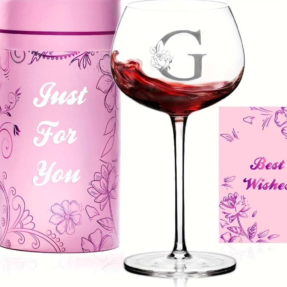 Initial Wine Glass Gift Set with 18 Checkout Letters, 14-Ounce Bowl, Presentation Box and Card