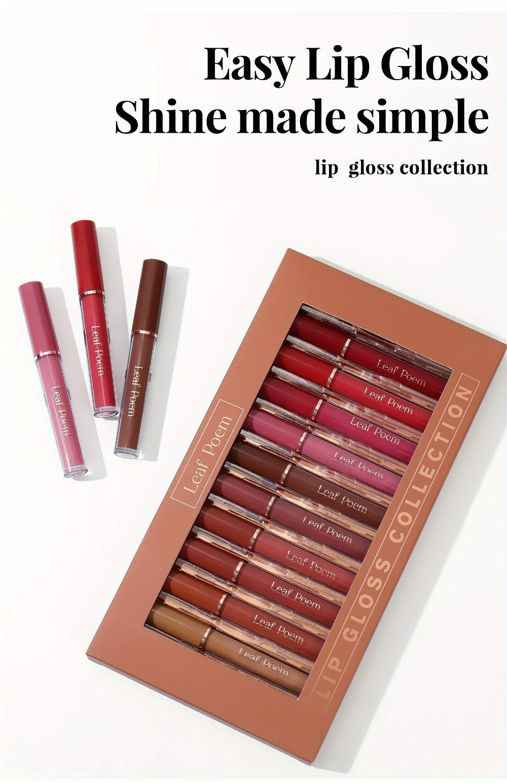Lip Gloss Set by Leaf Poem with 12 Mixed Lip Colors, Slim Tube Applicators and Presentation Box