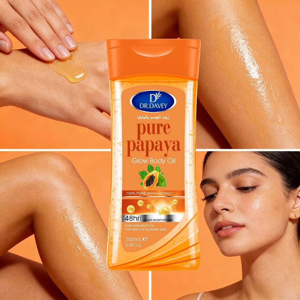 Papaya Glow Body Oil, Two-Piece Set of 200ml Flip-Top Bottles with Coordinated Orange Labels