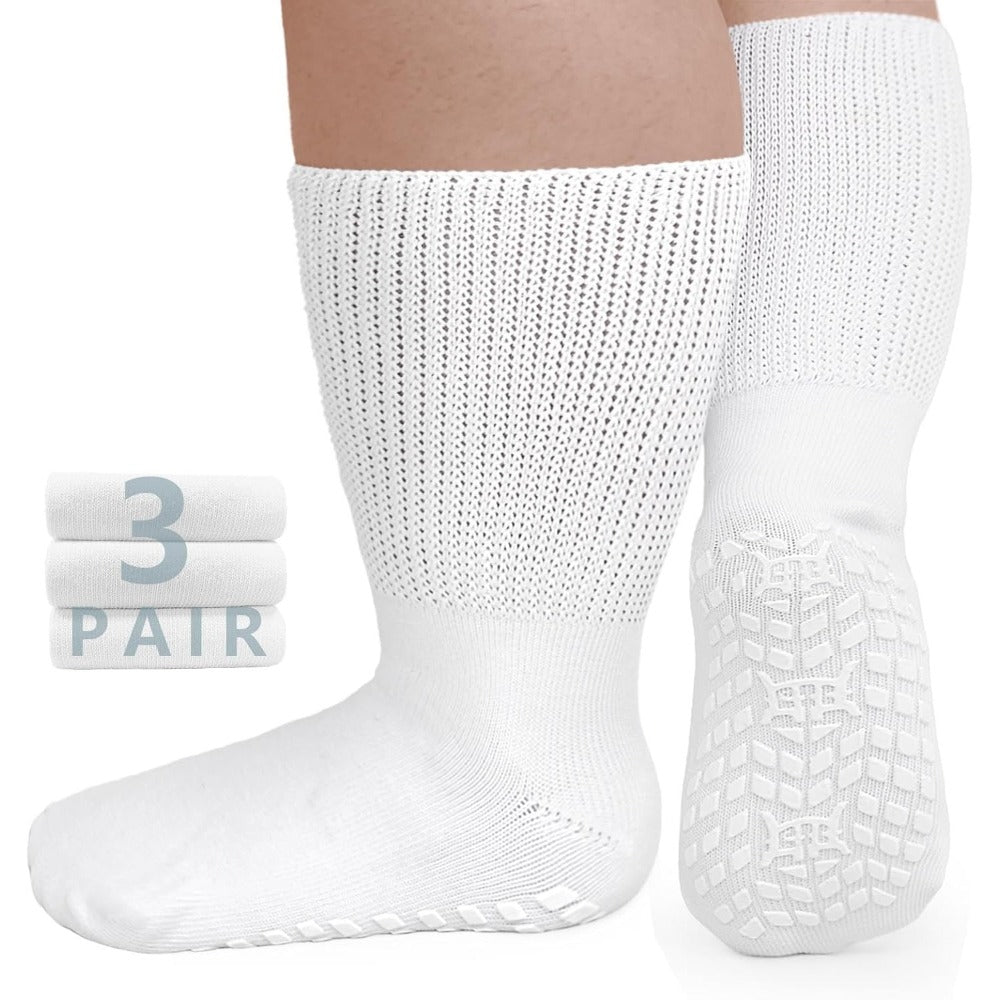 3-Pair Grippy-Sole Wide Sock Set for Adults in Black, White or Grey with 9-13 and 13-15 Size Options