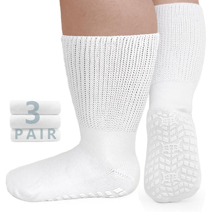 3-Pair Grippy-Sole Wide Sock Set for Adults in Black, White or Grey with 9-13 and 13-15 Size Options