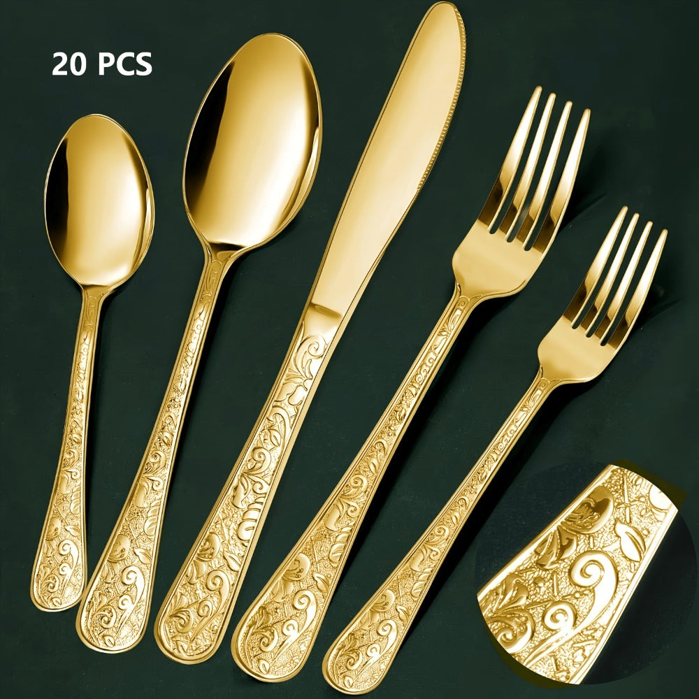 Flatware Set Stainless Steel Vintage Carved Cutlery Set Knife Fork Spoon for Family Gatherings Holiday Parties Kitchen Decor
