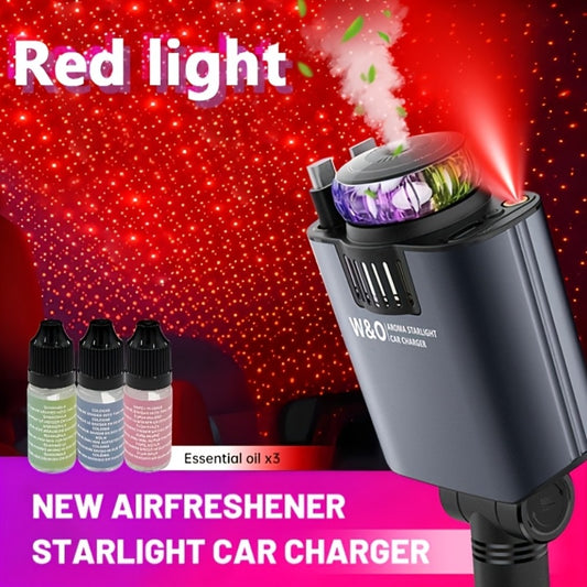 3-in-1 Car Charger Starlight Projector & Aroma Diffuser USB-C Port 2.6ft Retractable Cable Fast Charging Car Phone Charger with Blue Red Ambient Light, Multiple Scent Options for Car Interior